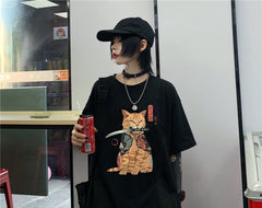 Killer Cat Baskılı Siyah Unisex Oversize T-shirt