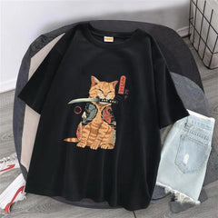 Killer Cat Baskılı Siyah Unisex Oversize T-shirt