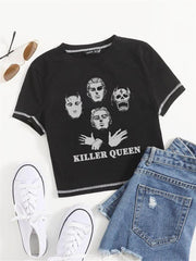 Killer Queen Baskılı Ters Dikiş Siyah Crop