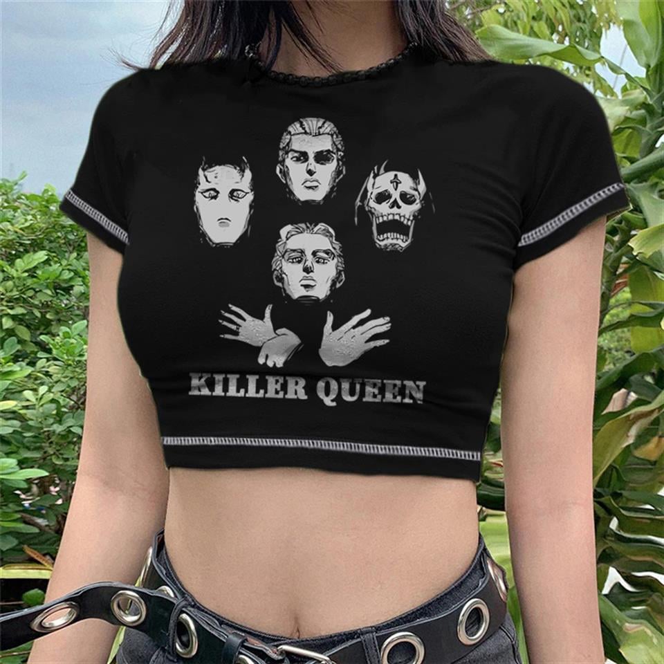 Killer Queen Baskılı Ters Dikiş Siyah Crop