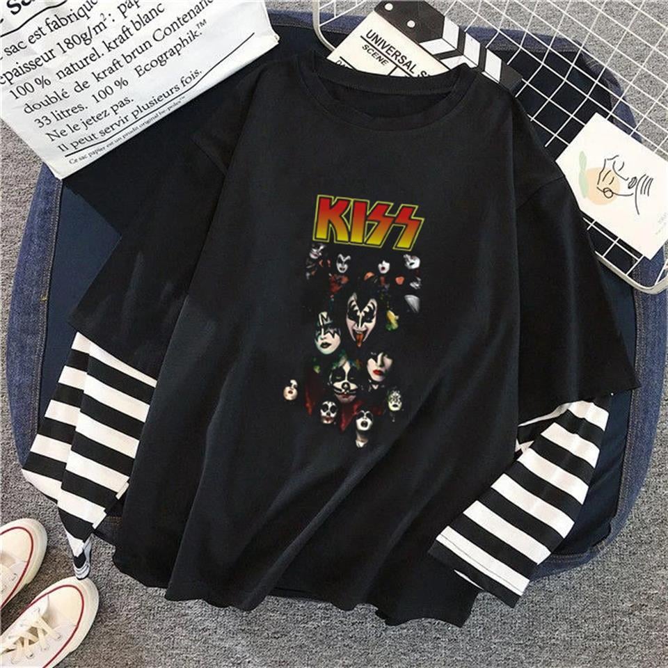 Kiss Rock Band Baskılı Fake Sleeves Unisex Siyah T-shirt