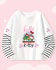 Kitty Fake Sleeves Unisex Uzun Kollu Beyaz T-Shirt