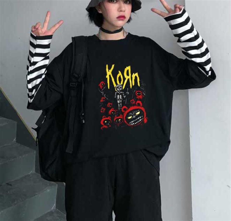 Korn Poster Baskılı Fake Sleeves Unisex Siyah T-shirt