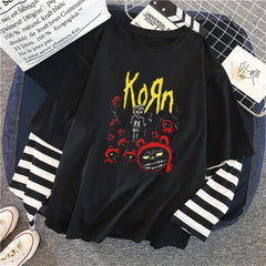 Korn Poster Baskılı Fake Sleeves Unisex Siyah T-shirt