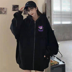 Kuromi Baskılı Oversize Fermuarlı Siyah Unisex Kapüşonlu Hırka