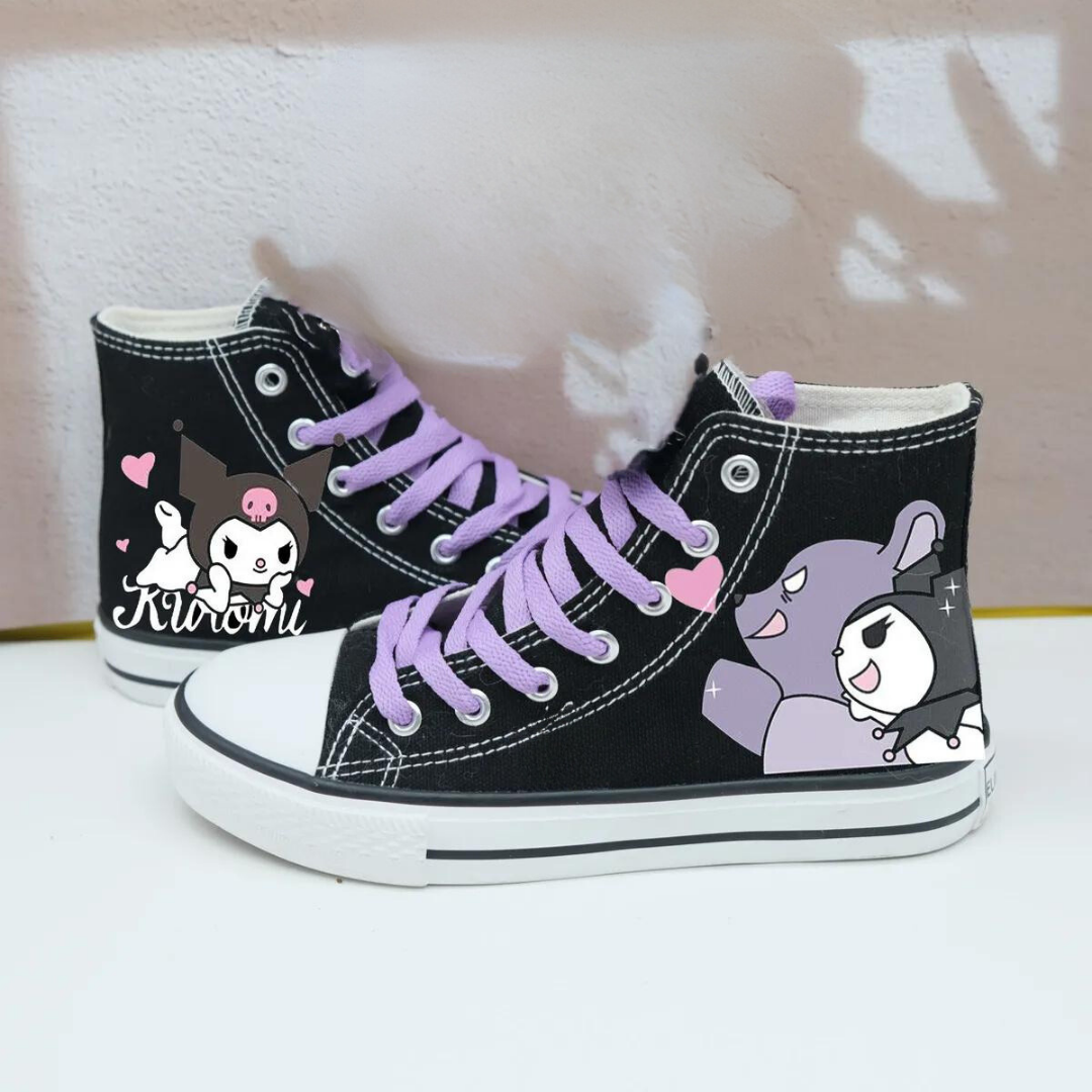 Kuromi&Bear Baskılı Lila Bağcık Siyah Unisex Kanvas Ayakkabı