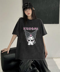 Kuromi Be Quiet Baskılı Vintage Yıkamalı Unisex Oversize Eskitme T-shirt