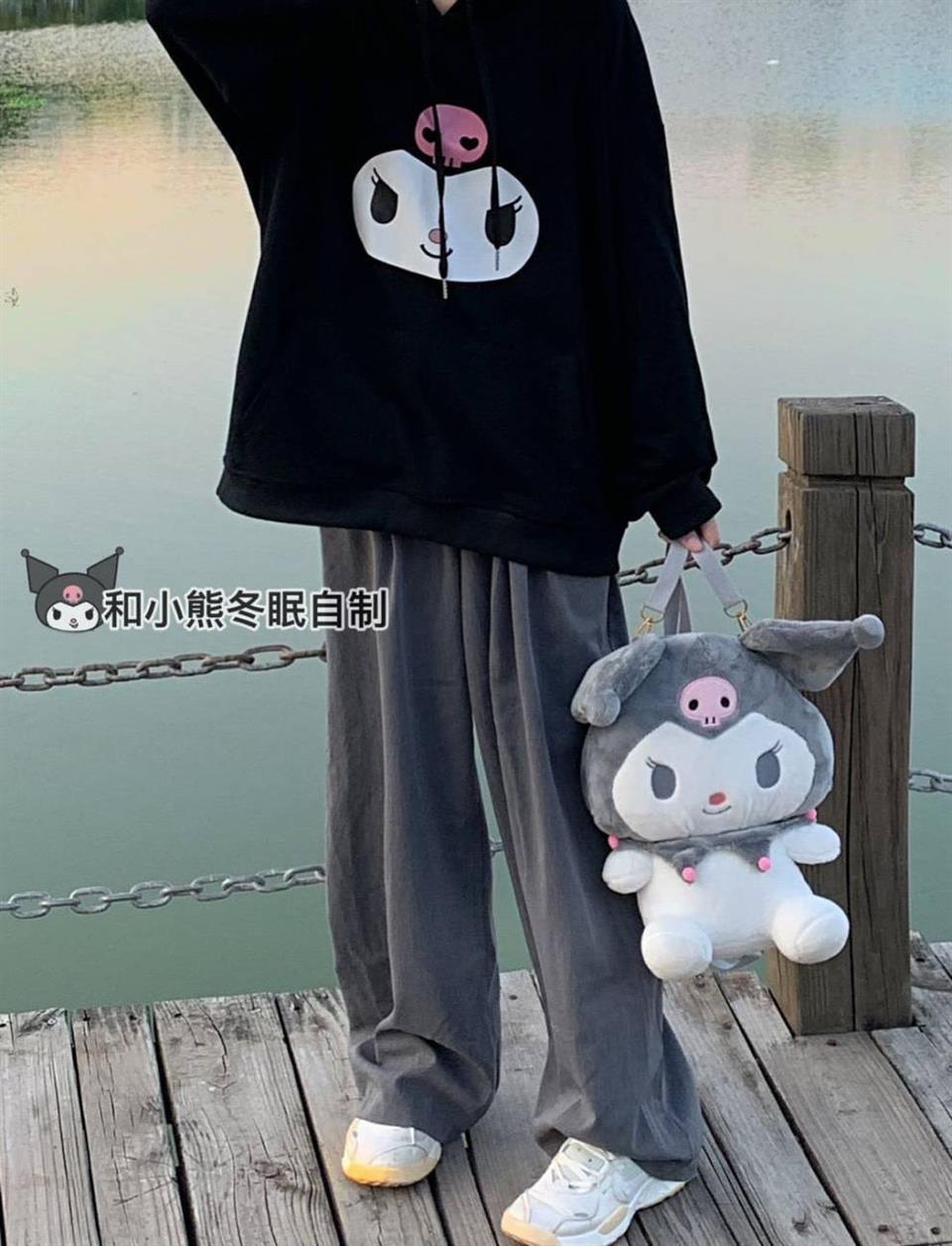 Kuromi Face Baskılı Siyah Unisex Oversize Kapüşonlu Sweatshirt