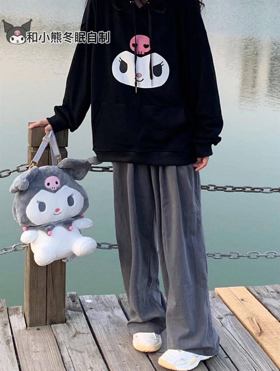 Kuromi Face Baskılı Siyah Unisex Oversize Kapüşonlu Sweatshirt