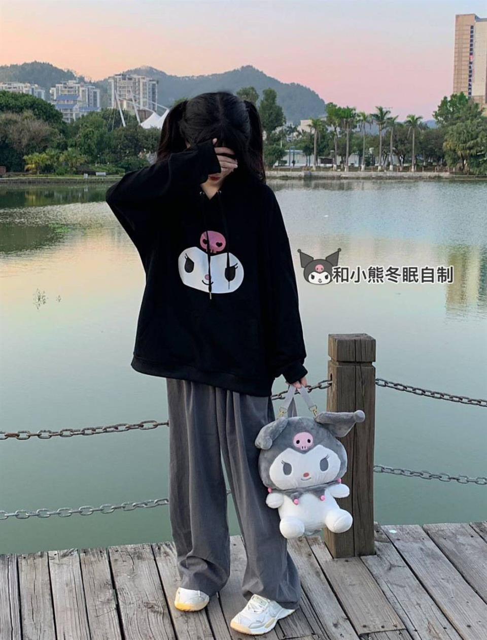 Kuromi Face Baskılı Siyah Unisex Oversize Kapüşonlu Sweatshirt