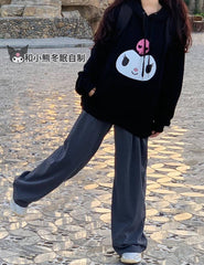 Kuromi Face Baskılı Siyah Unisex Oversize Kapüşonlu Sweatshirt