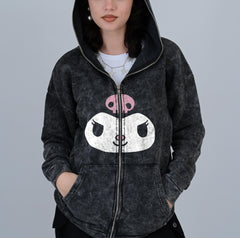 Kuromi Face Baskılı Vintage Yıkamalı Full Zip Detail Unisex Oversize Kapüşonlu Hırka