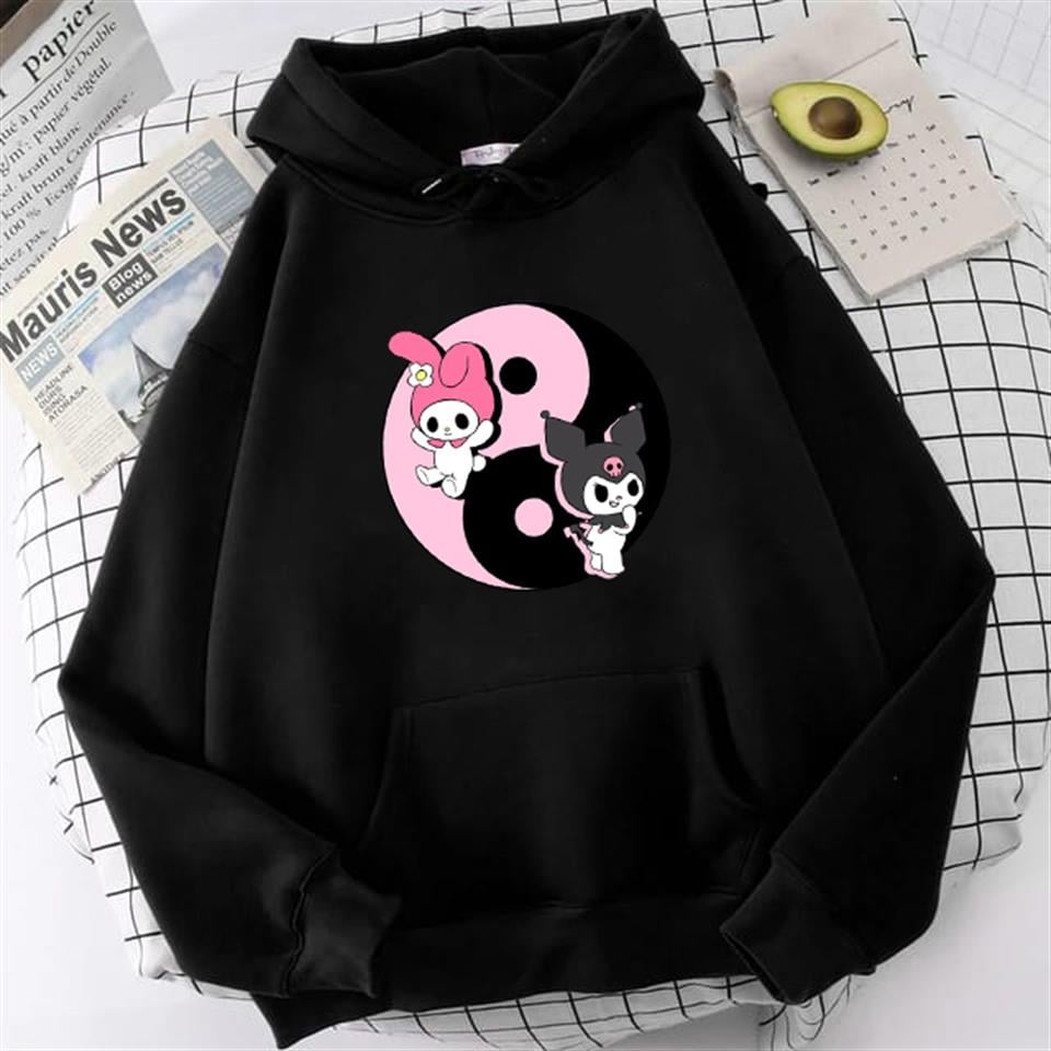 Kuromi & Melody Siyah Kapüşonlu Sweatshirt