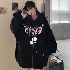 Kuromi Pink Baskılı Oversize Fermuarlı Siyah Unisex Kapüşonlu Hırka