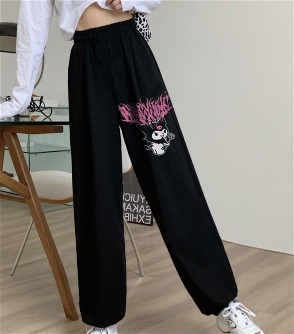 Kuromi Pink Baskılı Oversize Unisex Siyah Eşofman Altı