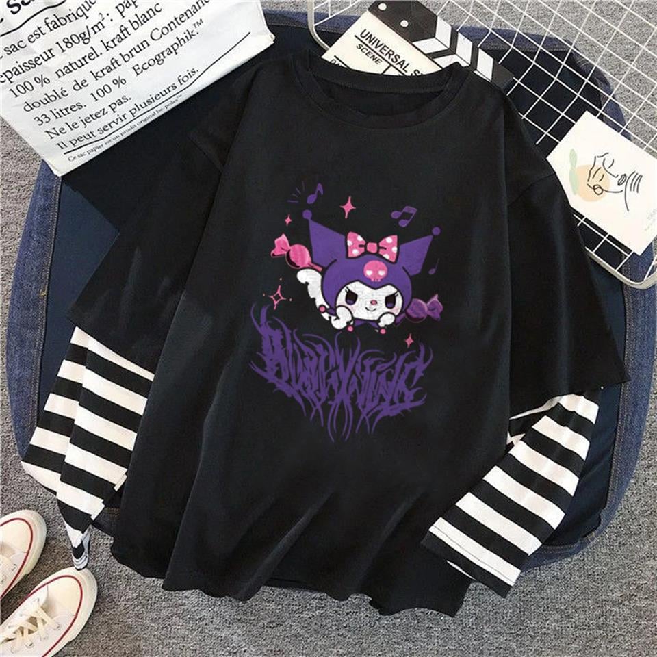 Kuromi Purple Baskılı Fake Sleeves Unisex Siyah T-shirt