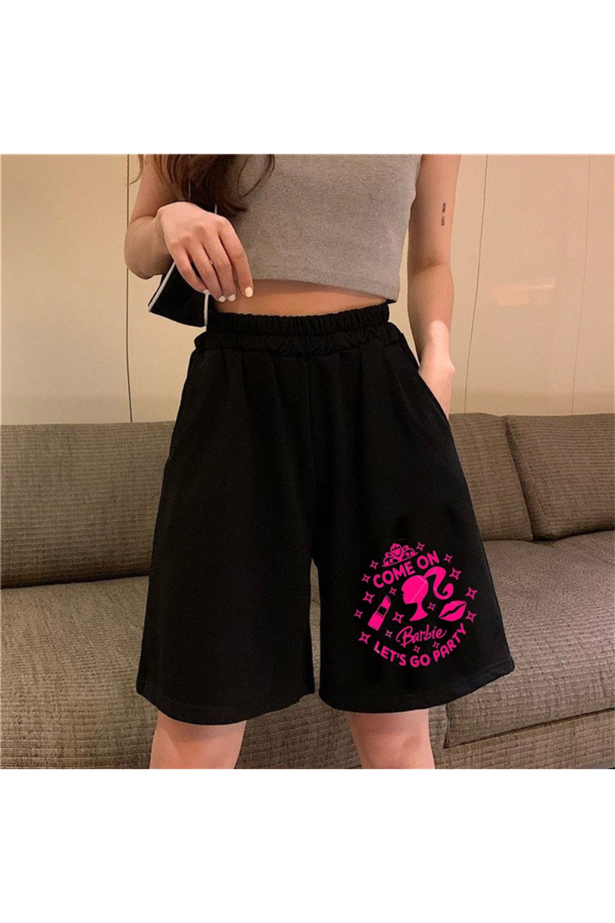Küt Küt Barbie Baskılı Siyah Unisex Penye Şort
