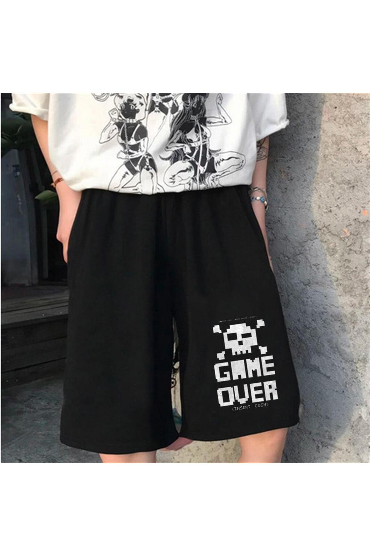 Küt Küt Game Over Baskılı Siyah Unisex Penye Şort