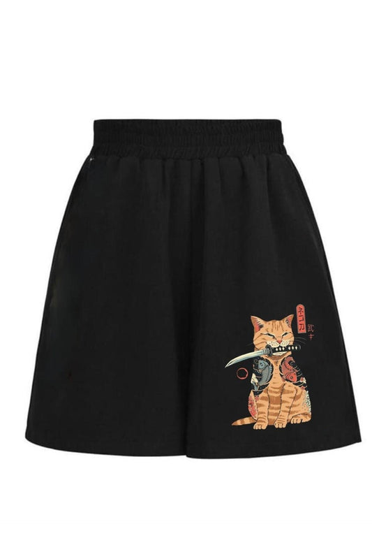 Küt Küt Killer Cat Baskılı Siyah Unisex Penye Şort