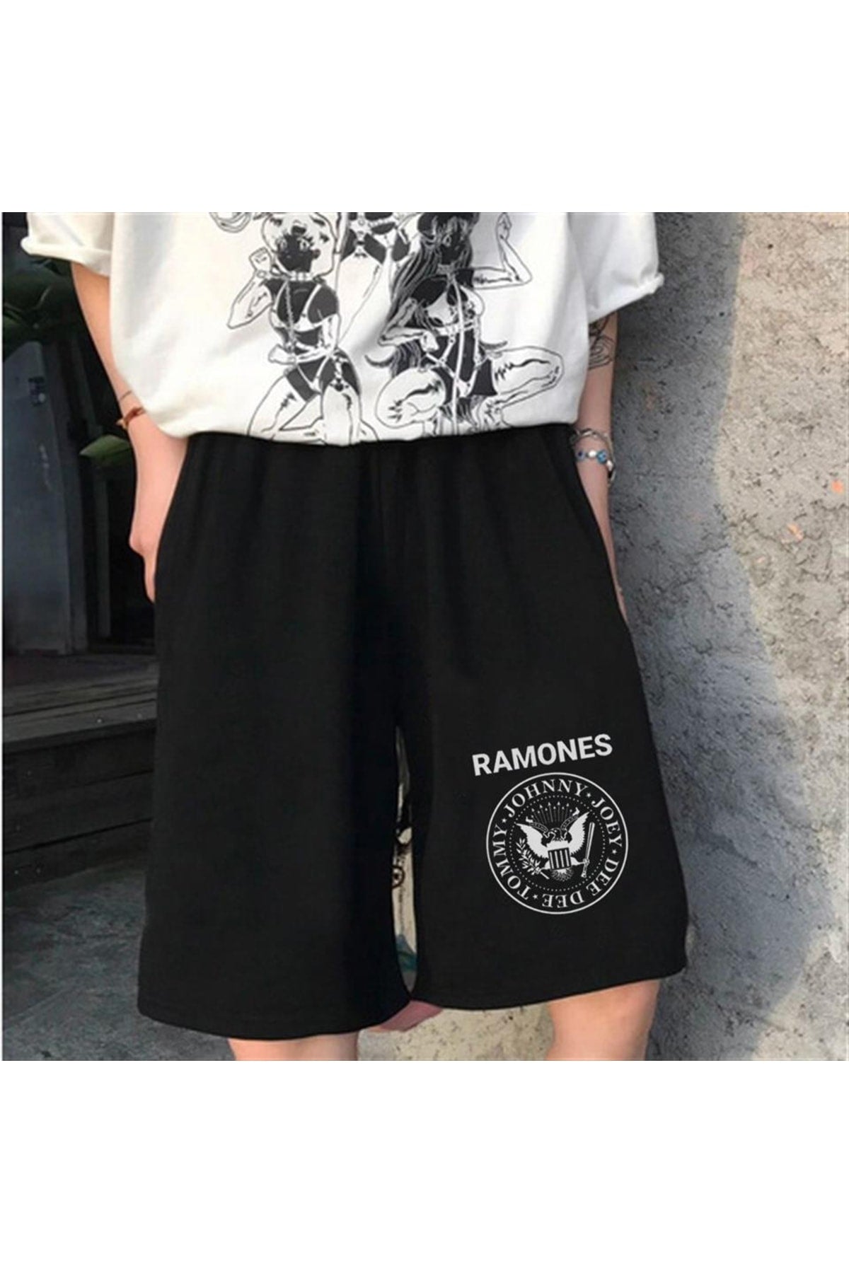 Küt Küt Ramones Logo Baskılı Siyah Unisex Penye Şort