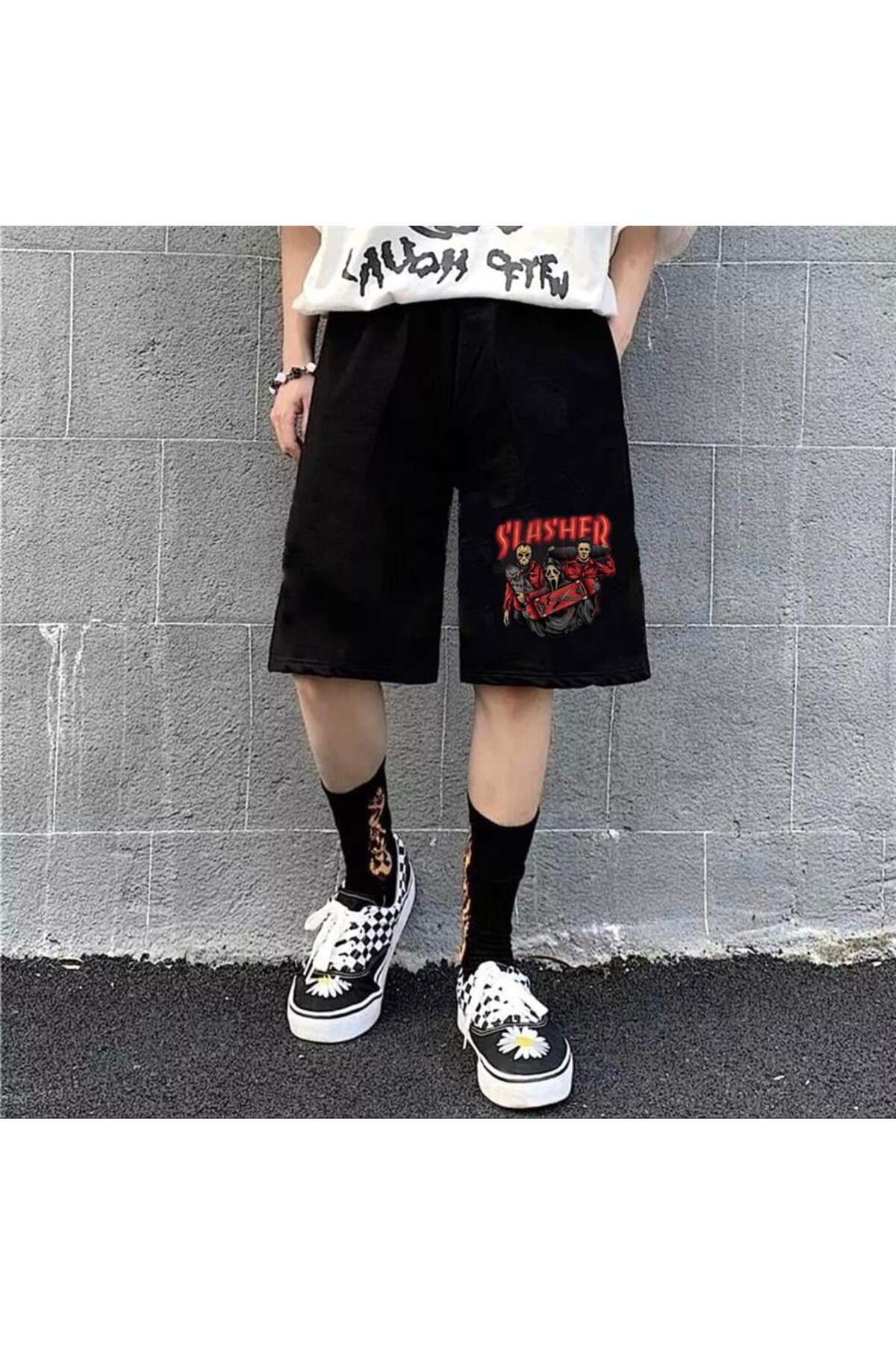 Küt Küt Red Slasher Baskılı Siyah Unisex Penye Şort