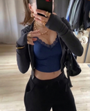 Lace Detail Lacivert İp Askılı Crop