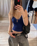 Lace Detail Lacivert İp Askılı Crop