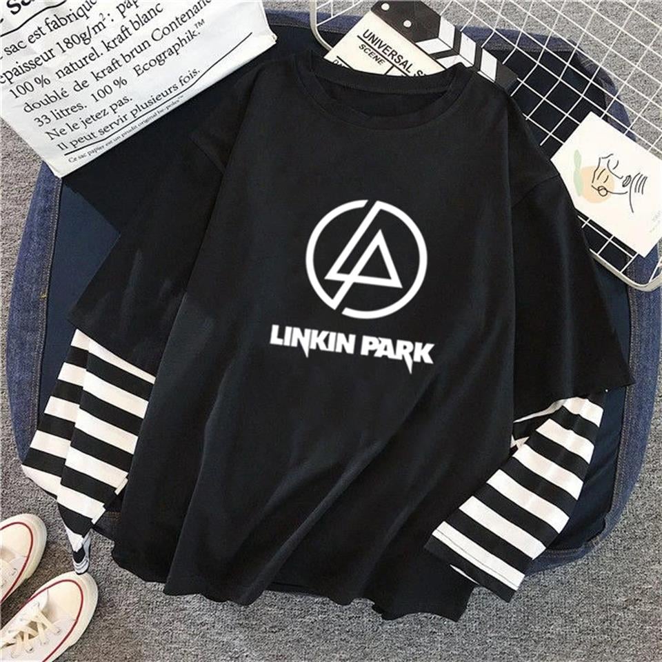 Linkin Park Logo Baskılı Fake Sleeves Unisex Siyah T-shirt