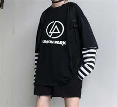 Linkin Park Logo Baskılı Fake Sleeves Unisex Siyah T-shirt