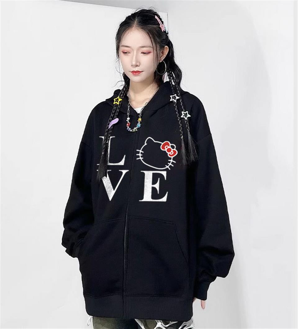 Love Cat Baskılı Oversize Fermuarlı Siyah Unisex Kapüşonlu Hırka