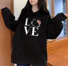 Love Cat Baskılı Siyah Unisex Oversize Kapüşonlu Sweatshirt