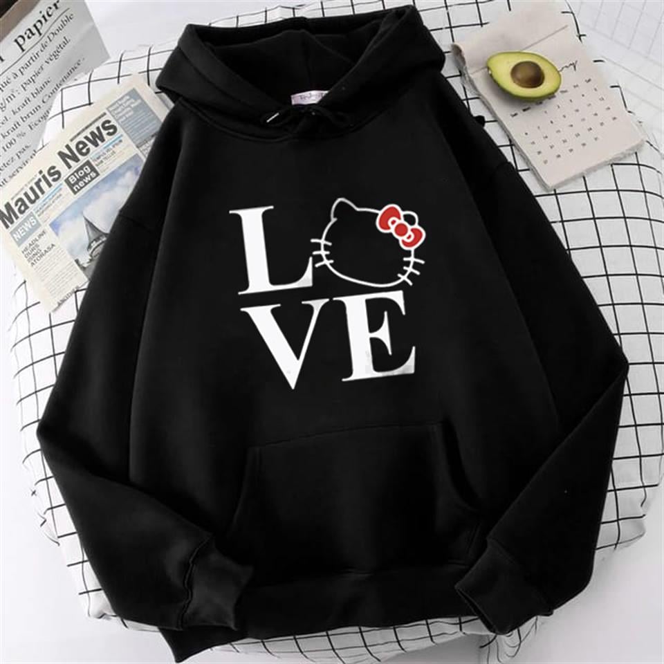 Love Cat Baskılı Siyah Unisex Oversize Kapüşonlu Sweatshirt