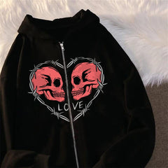 Love Skulls Baskılı Oversize Fermuarlı Siyah Unisex Kapüşonlu Hırka