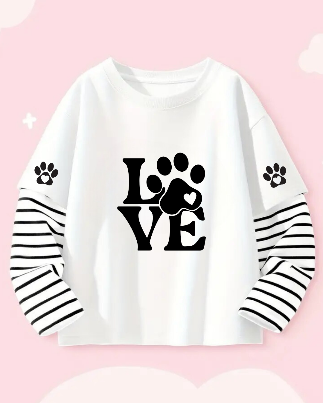 Love Cat Fake Sleeves Unisex Uzun Kollu Beyaz T-Shirt