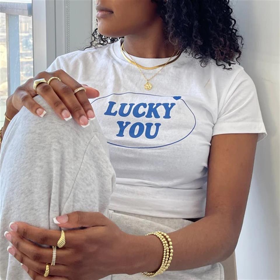 Lucky You Baskılı Beyaz Crop