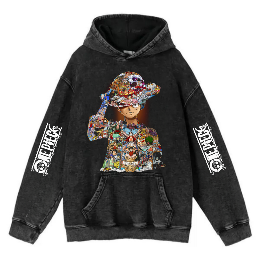 Yıkamalı Anime Luffy Kapüşonlu Sweatshirt