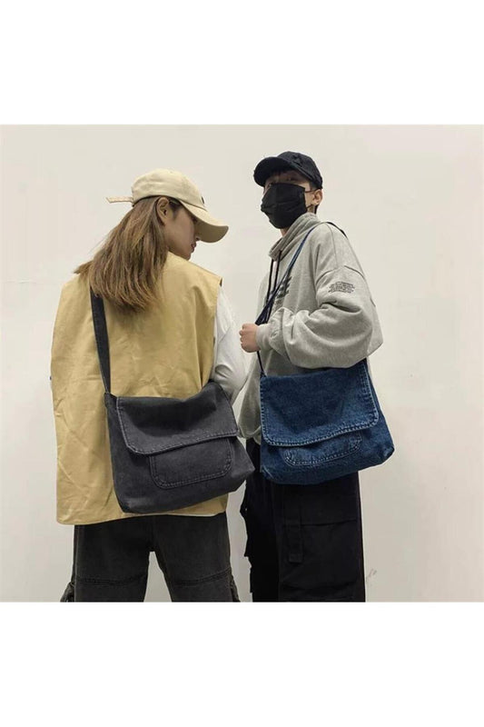 M F Harajuku Vintage Unisex Kot Mavi Postacı Çantası