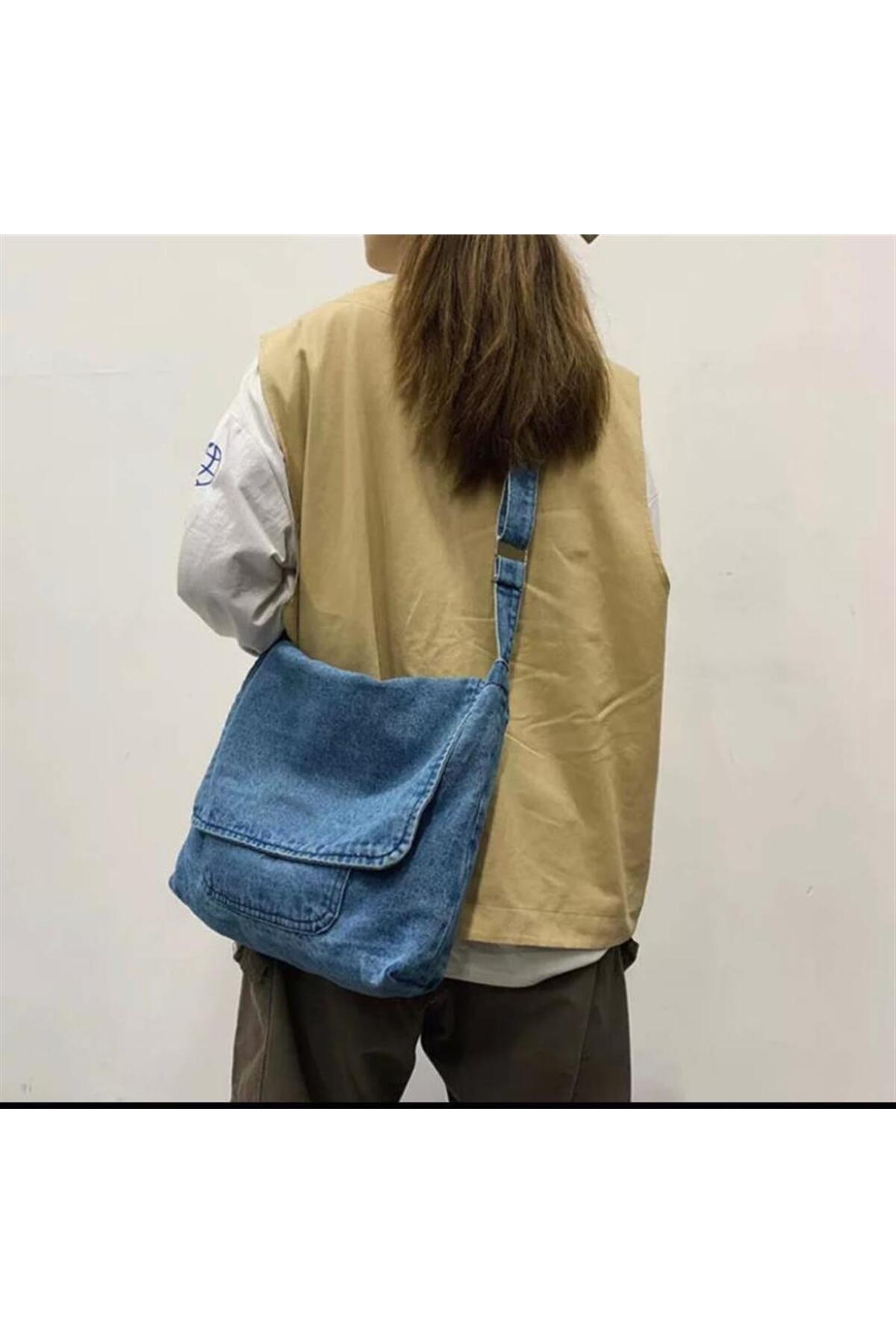 M F Harajuku Vintage Unisex Kot Mavi Postacı Çantası