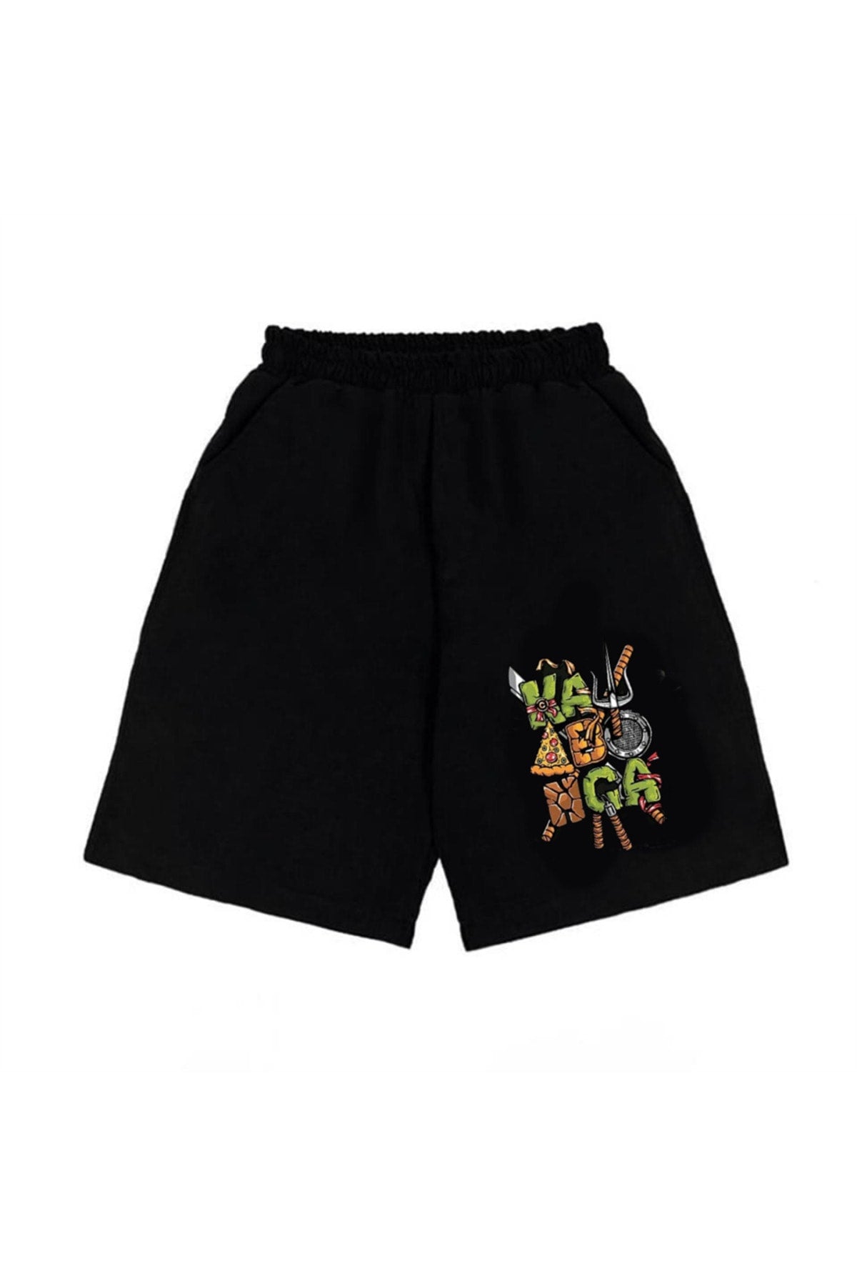 M F Ninja Kaplumbağa Baskılı Siyah Unisex Penye Şort