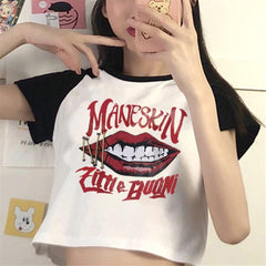 Maneskin Lips Baskılı Reglan Kol Beyaz Crop