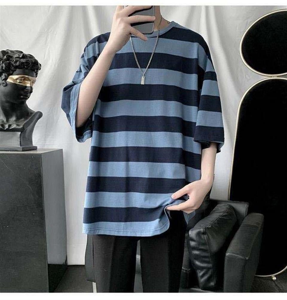 Mavi Siyah Çizgili Unisex Oversize T-shirt