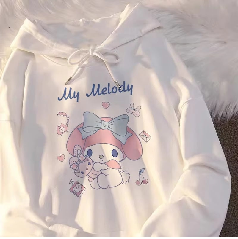 Melody Baskılı Beyaz Kapşonlu Sweatshirt