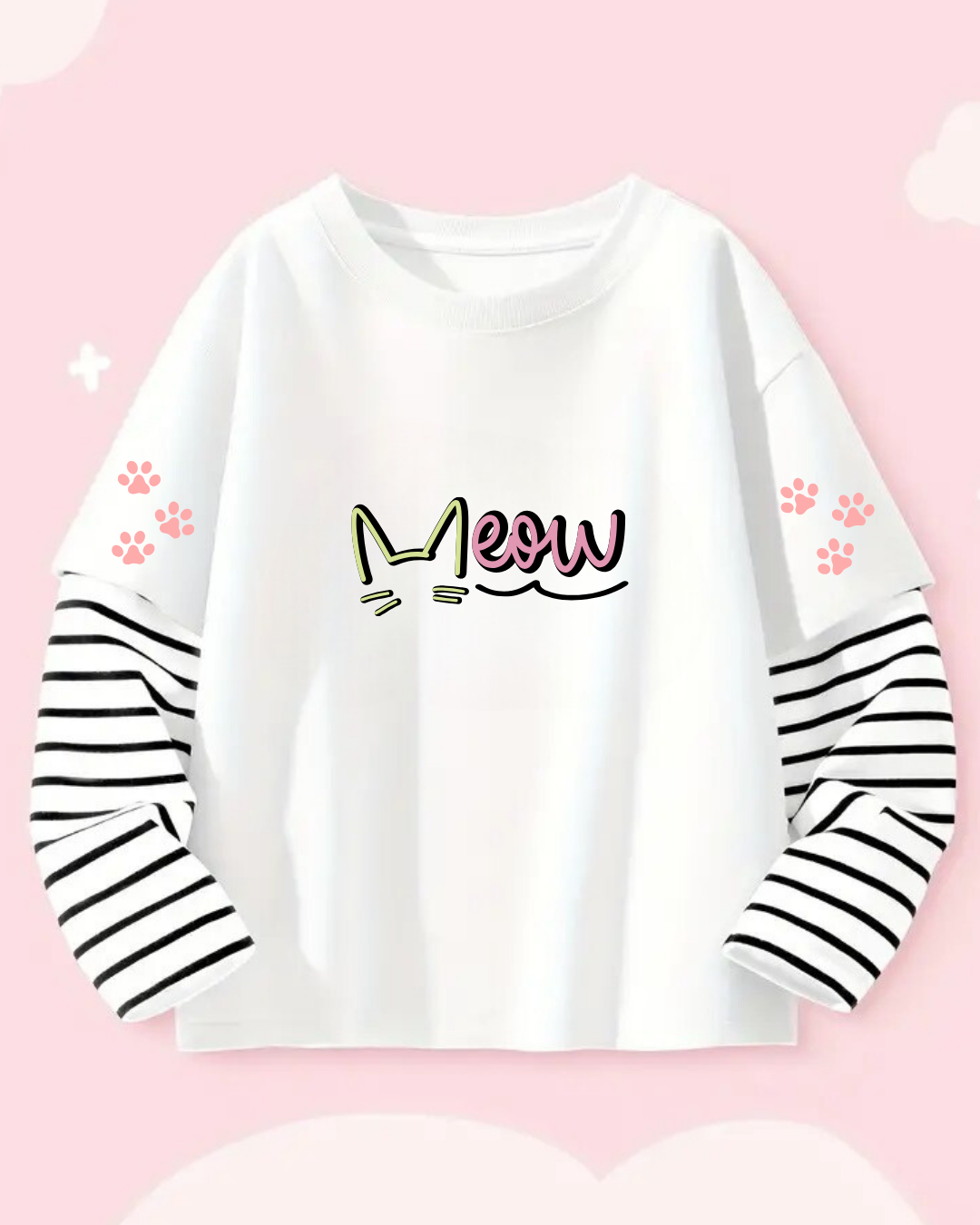 Meow Fake Sleeves Unisex Uzun Kollu Beyaz T-Shirt