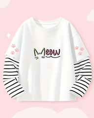 Meow Fake Sleeves Unisex Uzun Kollu Beyaz T-Shirt