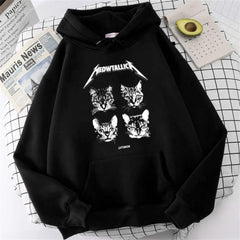 Meowtallica Baskılı Siyah Unisex Oversize Kapüşonlu Sweatshirt