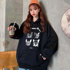 Meowtallica Baskılı Siyah Unisex Oversize Kapüşonlu Sweatshirt