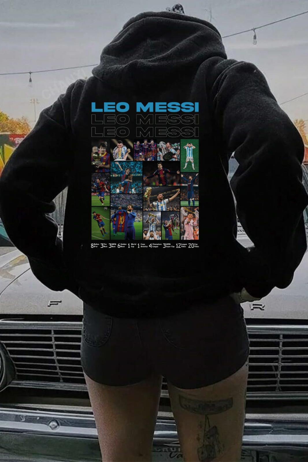 Messi Baskılı Siyah Kapşonlu Sweatshirt