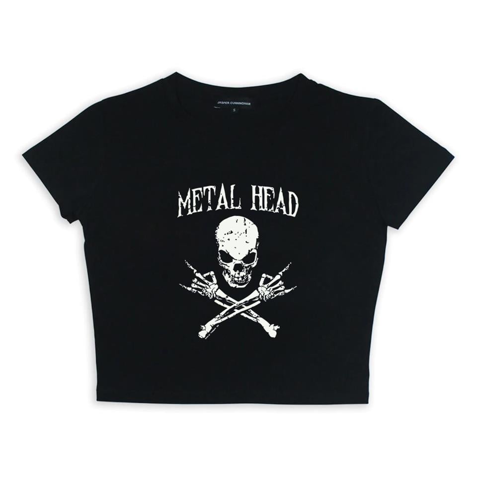 Metal Head Skull Baskılı Siyah Crop