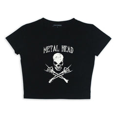 Metal Head Skull Baskılı Siyah Crop