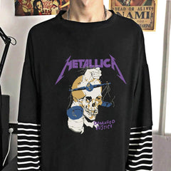 Metallica Damaged Justice Baskılı Fake Sleeves Unisex Siyah T-shirt